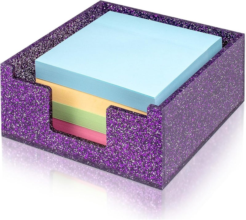 Luminzo Purple Sparkling Sticky Note Holder, Glitter Acrylic Organizer, 3.94 x 3.94 in Multi-Use Tray for Office, School & Home Desk - Image 1